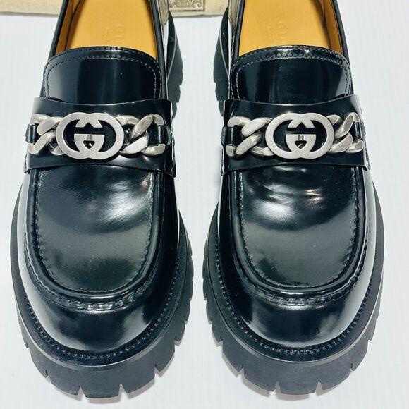 Gucci Interlocking G Chain 10.5/ US 11 Loafers Black Leather Lug Sole Shoes NIB - Picture 8 of 16